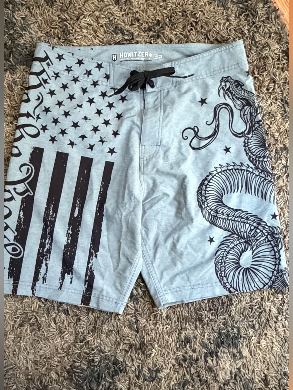 Buckle Light Gray Swim Shorts with Black Snake & Flag Print